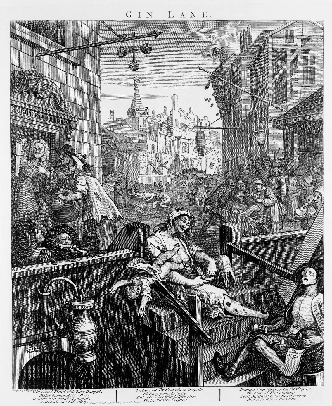 An 18th-century street scene titled "Gin Lane," depicting chaotic public drunkenness, neglect, and poverty with distressed figures and dilapidated buildings.