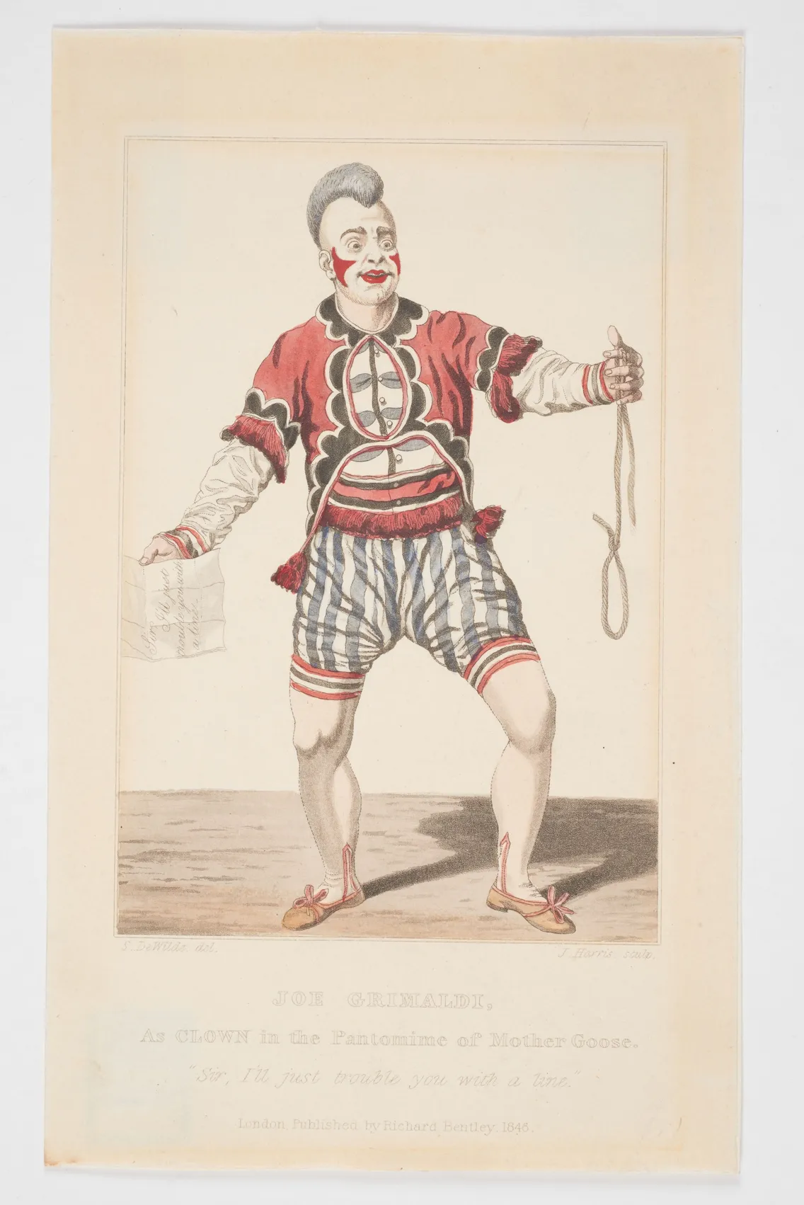 A drawing of a man dressed as a clown holding a piece of paper and a noose