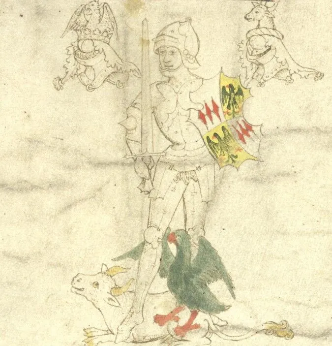 An outline of a man in armour holding a sword and shield, with a green bird and cow at his feet